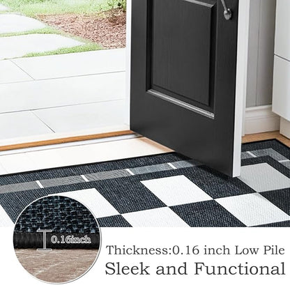 Vasofe Checkered Jute Kitchen Rug, 2x3 Black and White Rugs Indoor Outdoor Front Door Mat Non Slip Washable Area Rugs, Farmhouse Non Shedding Low Pile Floor Carpet for Entryway Porch Doorway