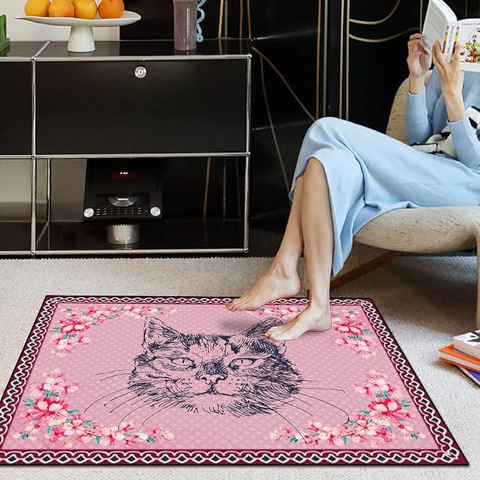 Cartoon Animal Pattern Area Rug Cute Cat Luxury Floral Decor for Carpet Farmhouse Bedroom Living Room Rugs Bathroom Kitchen Runner Mat Indoor Outdoor Non Slip Doormat 5' X 8'