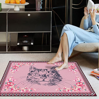 Cartoon Animal Pattern Area Rug Cute Cat Luxury Floral Decor for Carpet Farmhouse Bedroom Living Room Rugs Bathroom Kitchen Runner Mat Indoor Outdoor Non Slip Doormat 3' X 3'