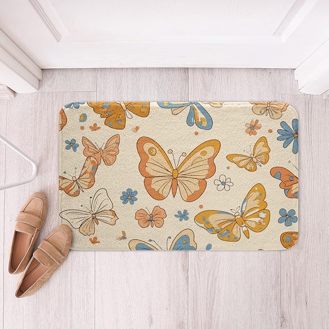 Erosebridal Groovy Party Decorations Bathroom Rugs Cute Butterfly Bath Mat for Girls Retro Flowers Non Slip Bath Rugs Kawaii Animal Themed Fluffy Plush Rugs 20x32 Daisy Floral Shower Carpet