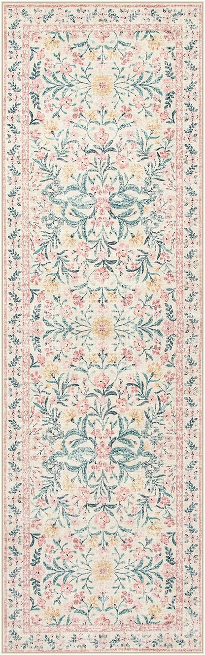 Wonnitar Floral Washable Runner Rug, 2'6"x8' Runners for Hallways Pink Rugs for Entryway Bedroom, Boho Non Slip Soft 8ft Long Carpet for Kitchen Bathroom Laundry