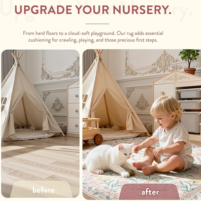 Lahome Boho Light Pink Round Rug 4ft, Washable Small Circle Rugs for Bedroom Kids, Pink and Green Nursery Circular Carpet Girl Decor, Soft Non-Slip Round Carpet for Sunroom, Blush