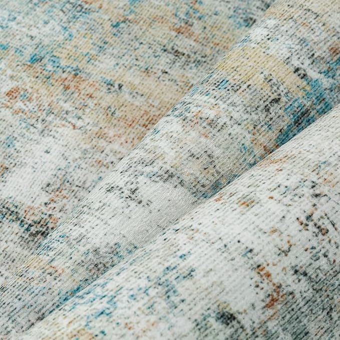9x12 Area Rug Teal Beige Abstract Living Room Bedroom Washable Carpet Neutral Modern Non-Slip Soft Low Pile Lightweight Vacuumable Large Throw Rug for Dining Room