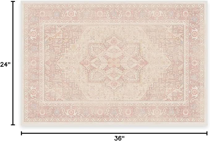 RUGGABLE Washable Area Rug – Kamran Soft Pink 2x3, Stain-Resistant, Non-Slip – Small Machine Washable Rugs for Living Room, Bedroom, Hallway, Entryway & Bathroom–with Cushioned Pad