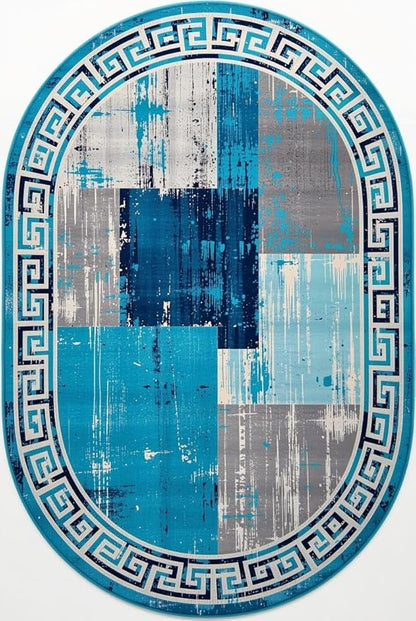 Distressed Blue Grey Greek Key Pattern Indoor Area Rug 6x8 for Living Room Bedroom Dining Room Faux Wool Anti Slip Floor Mats Nursery Entryway Minimalist Geometric Texture Bordered Rugs Retro Carpet