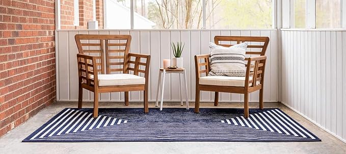 Unique Loom Sabrina Soto Outdoor Collection Geometric, Modern, Vibrant, Carved Area Rug (9' 0 x 12' 0 Rectangular, Navy Blue/ Ivory)