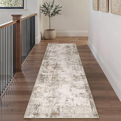 3x7 Washable Runner Rug Brown Grey Abstract Hallway Kitchen Throw Rug Neutral Modern Non Slip Soft Low Pile Carpet for Bathroom Laundry Bedroom Living Room