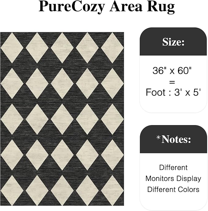 3x5 Checkered Area Rugs for Living Room Black Machine Washable Large Rug Non-Slip Stain Resistant Low Pile Boho Accent Indoor Throw Carpet for Office Bedroom Dining Room Classroom