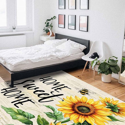 Summer Sunflowers Rectangular Area Rugs for Living Room Bedroom 5 x 8 ft Rustic Floral Bees Green Leaves Non-Shedding Soft Low Pile Rug Non Slip Washable Rug for Nursery Entryway Playroom