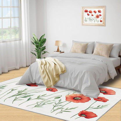 Little Red Flower Rugs for Bedroom - 5x8 Area Rug - Abstract 3D Flowers Rugs for Living Room, Modern Simple Art Rug, Non-Slip Washable Home Decor Carpet