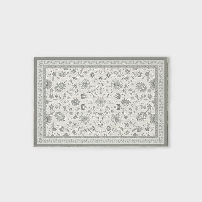 EVERGRACE Area Rugs for Entryway 2x3, Boho Floral Faux Wool Indoor Outdoor Small Rugs, Washable Rugs for Bedroom Bathroom Laundry Doormat, Low Pile Floor Mat Carpet for Home Decor, Cool Gray