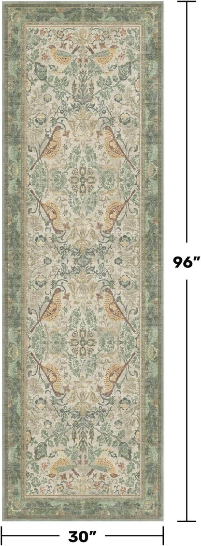 2'6"x8' Long Hallway Runner Rug - Vintage Botanical Wide Runners for Kitchen Bedroom Hall Way, Washable Non Slip with Rubber Backing, Light Green Sage Floral Décor