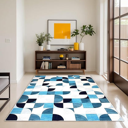 Modern Washable Area Rugs 5x7 Abstract, Boho Low-Pile Rugs for Living Room Bedroom Playroom, Large Throw Floor Carpet Non Slip Ultra-Thin Soft Rug Navy Blue