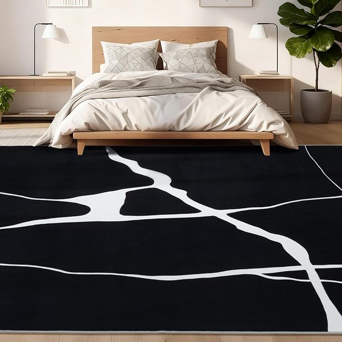 YIHOUSE Abstract Washable Rug 6x9,Ultra Thin Non Slip Black Rugs for Living Room,Modern Minimalist White Stripe Rugs for Bedroom,Dining Room Office Playroom (6'x9',Black-1)