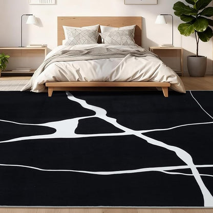 YIHOUSE Abstract Washable Rug 6x9,Ultra Thin Non Slip Black Rugs for Living Room,Modern Minimalist White Stripe Rugs for Bedroom,Dining Room Office Playroom (6'x9',Black-1)