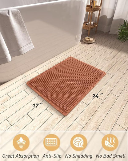 AMOAMI Upgraded Waffle Bath Mat, Super Absorbent Non Slip Bath Mats for Bathroom Floor, Machine Washable Bathroom Rugs with Tassels, Rubber Backed Bathroom Mats, Ultra Soft, 17" x 24", Dirty Orange
