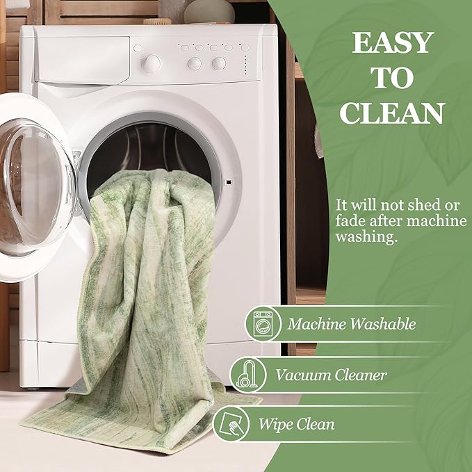MUJOO Small Rug Washable,2x3 Area Rugs for Entryway Entry Entrance Bedroom Bathroom,Modern Abstract Low Pile Throw Rug,Front Door Mat Non Slip Accent Neutral Carpet Indoor Green