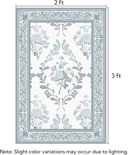 SOULFUL Medium Pile 2x3 Entryway Rug - Soft Underfoot Small Area Rug - Mist Blue Boho Floral - Washable Non-Slip - Perfect for Hallway Kitchen Bedroom Bathroom Indoor Entrance