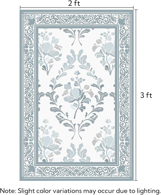 SOULFUL Medium Pile 2x3 Entryway Rug - Soft Underfoot Small Area Rug - Mist Blue Boho Floral - Washable Non-Slip - Perfect for Hallway Kitchen Bedroom Bathroom Indoor Entrance