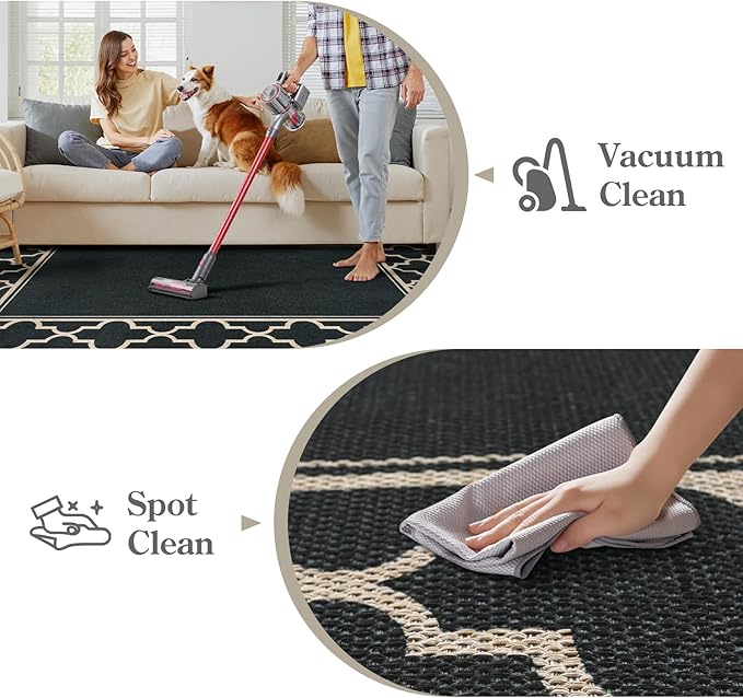 Moynesa Moroccan Easy Jute Outdoor Rug 8x10, Black Washable Living Room Rug Indoor Outdoor Patio Rug Non Slip, Geometric Farmhouse Carpet for Backyard Bedroom Dining Room