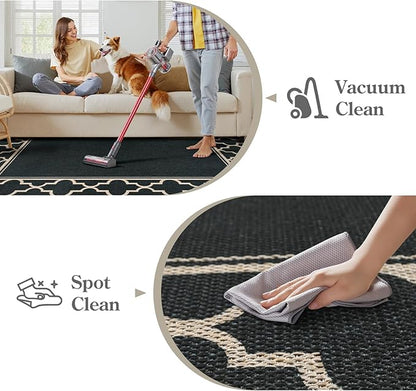 Moynesa Moroccan Easy Jute Outdoor Rug 8x10, Black Washable Living Room Rug Indoor Outdoor Patio Rug Non Slip, Geometric Farmhouse Carpet for Backyard Bedroom Dining Room