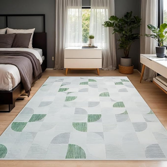 Green Modern Abstract Rug Washable, Boho 5x7 Area Rugs for Living Room Bedroom Low-Pile, Large Throw Floor Carpet Non Slip Ultra-Thin Soft Indoor Light Green