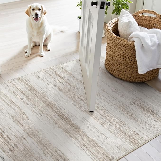 PADOOR Modern Abstract Area Rug - 3x5 Washable Rugs Non-Slip Small Carpet, Ultra Soft Low Pile Floor Rugs for Entrance Front Door Bedroom Bedside Laundry Room Brown