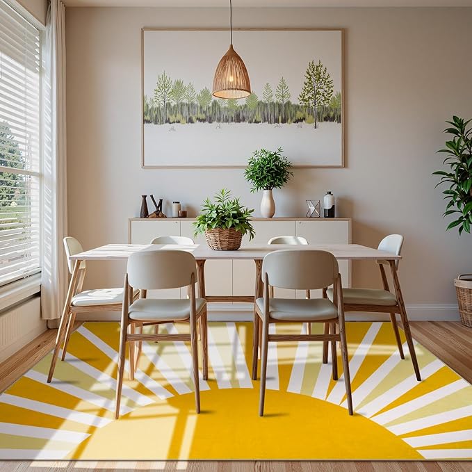 Lahome Yellow Rainbow Sun Area Rug: 9'x12' Ultra-Thin Machine Washable & Non-Slip with Cute Boho Print for Nursery, Bedroom, Living Room, Classroom & Dorm