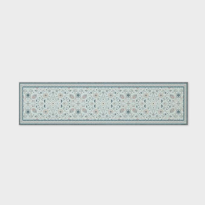 EVERGRACE Hallyway Area Runner Rugs 2x8, Boho Floral Faux Wool Indoor Outdoor Rugs, Washable Rugs for Bedroom Dining Room Living Room Kitchen, Low Pile Floor Mat Carpet for Home Decor, Pale Blue