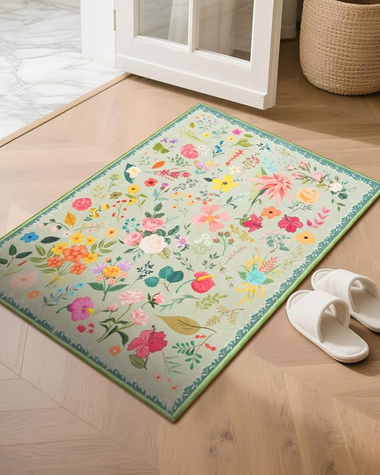 Boho Floral Entryway Rug 2x3, Washable Small Mat for Bathroom and Kitchen, Non Slip Front Door Mat Indoor Entrance, Vintage Style Flower Mat with Rubber Backing, Soft Area Rug for Entry Way (Green)