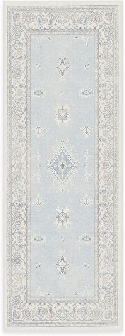 RUGGABLE Washable Vintage Runner Rug – Verena Soft Blue 2.5x7, Stain-Resistant, Non-Slip Hallway Runner – Machine Washable Rug for Hallway, Entryway, Living Room & Kitchen–with Standard Pad
