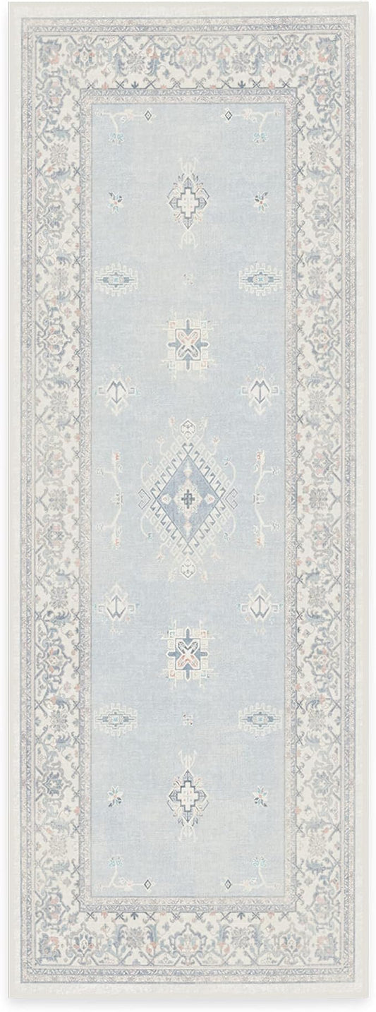 RUGGABLE Washable Vintage Runner Rug – Verena Soft Blue 2.5x7, Stain-Resistant, Non-Slip Hallway Runner – Machine Washable Rug for Hallway, Entryway, Living Room & Kitchen–with Cushioned Pad