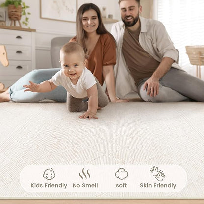 9x12 Area Rug Living Room: Washable Boho Geometric Moroccan Rug Neutral Modern Farmhouse Indoor Soft Non Slip Ultra Thin Large Printed Pattern Carpet for Bedroom Home Office (Beige, 9'x12')