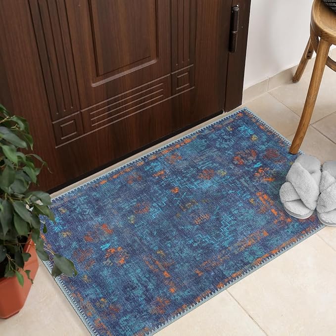 GLN Rugs Contemporary Collection - Machine Washable Area Rug, Contemporary Washable, Non Slip, Low Pile Chenille Rug, Living Room, Bedroom, Kitchen Rug (2' x 3' Midnight/Multi)