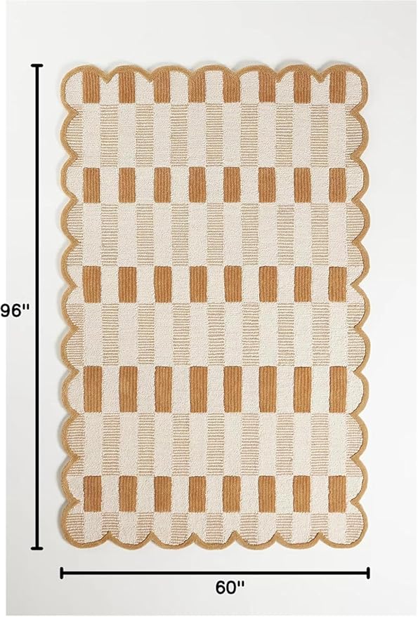 Hand-Tufted Wool Rug with Scalloped Edges, Light Blue Plaid Pattern, Cozy Soft Area Rug for Living Room, Bedroom, and Nursery, Handmade Modern Accent Rug (Neutral, 5X8 FEET)