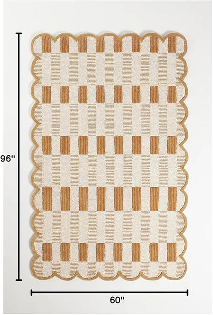 Hand-Tufted Wool Rug with Scalloped Edges, Light Blue Plaid Pattern, Cozy Soft Area Rug for Living Room, Bedroom, and Nursery, Handmade Modern Accent Rug (Neutral, 9X14 FEET)