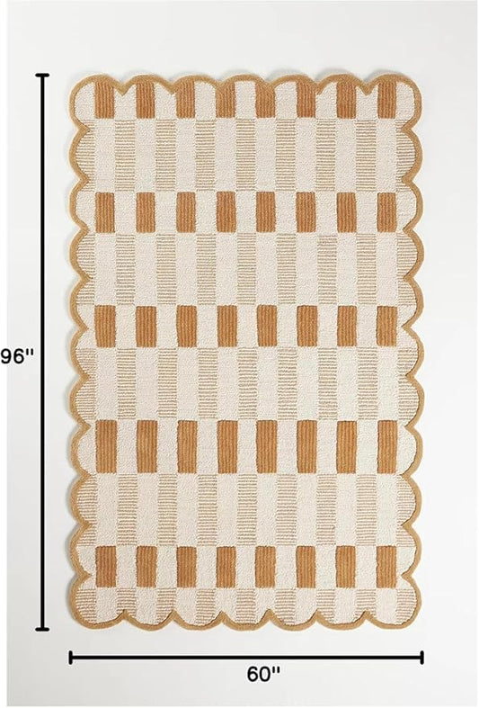 Hand-Tufted Wool Rug with Scalloped Edges, Light Blue Plaid Pattern, Cozy Soft Area Rug for Living Room, Bedroom, and Nursery, Handmade Modern Accent Rug (Neutral, 9X14 FEET)