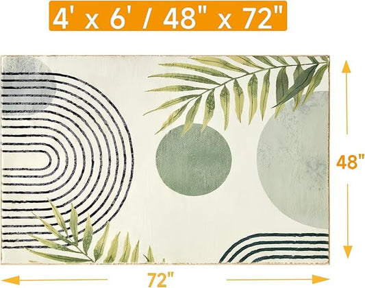 Area Rug 4x6 Modern Green Rug Abstract Tropical Leaves Bedroom Rug Washable Aesthetic Carpet for Living Dining Playroom