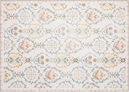 Phantoscope Washable Area Rug 5'x7' Non-Slip, Vintage Floral Boho Rugs for Living Room, Bedroom, DiningRoom, Soft Botanical Moroccan Pattern, Low-Pile Foldable Floor Carpet, Ivory Pink/Boho Garden