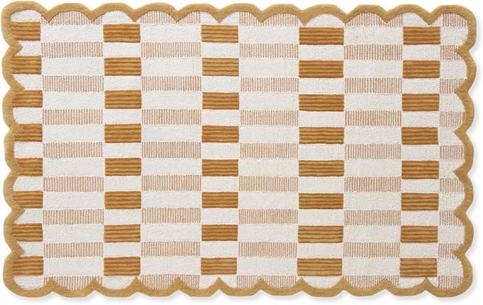 Hand-Tufted Wool Area Rug with Scalloped Edges, Neutral Beige Plaid Pattern, Cozy Soft Accent Rug for Living Room, Bedroom, and Nursery, Handmade Decorative Carpet, 2x3 Ft