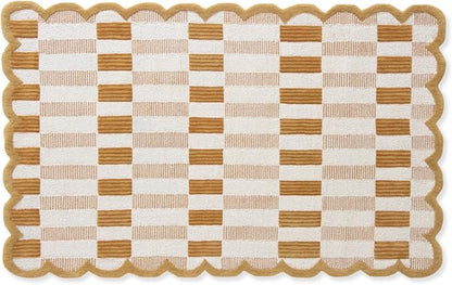 Hand-Tufted Wool Area Rug with Scalloped Edges, Neutral Beige Plaid Pattern, Cozy Soft Accent Rug for Living Room, Bedroom, and Nursery, Handmade Decorative Carpet, 2x3 Ft