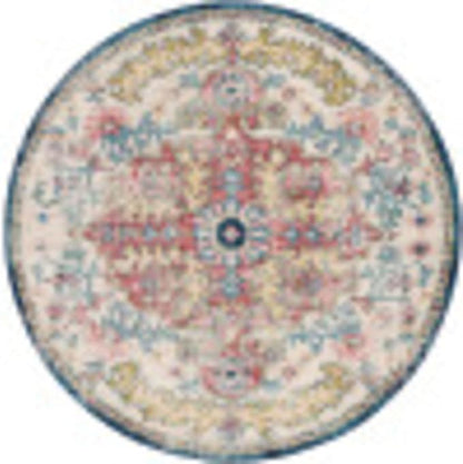 Livabliss Area Rugs - 7ft Round Odelia Vintage Boho Aqua Burgandy Blue Round Area Rug for Living Room Bedroom - Floral Medallion Stain Resistant Carpet for Kitchen, Nursery, Office (6'7" Round)