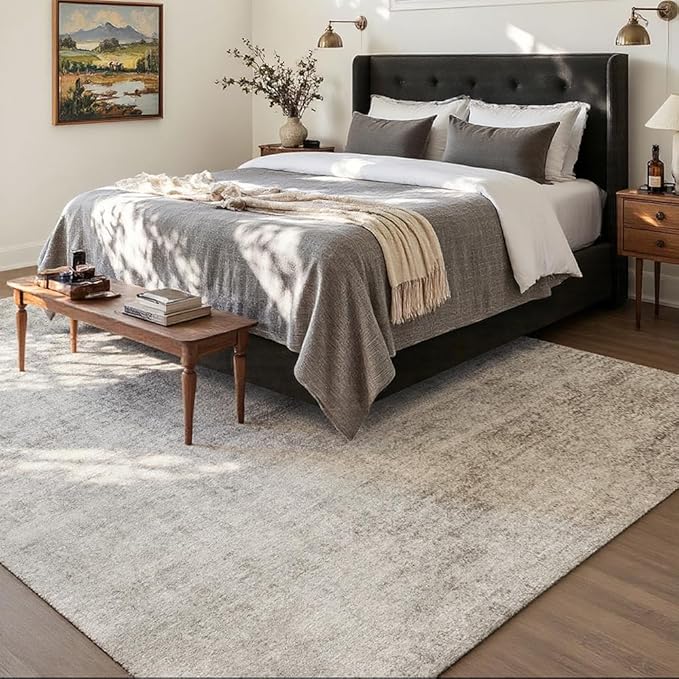 Area Rug 8x10 Washable Rug Beige for Living Room, Dining Room, Bedroom, Large Carpets, Non Slip & Non-Shedding Low Pile Vintage Print Rug for Home Office Decor