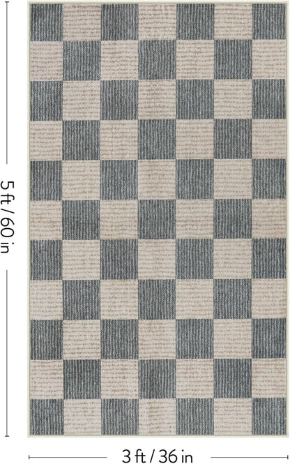 LIVEBOX 3x5 Washable Area Rug Checkered Clearance, Non-Slip Small Entryway Rug Grey Farmhouse Neutral Classic Geometric Boys Rug for Bedroom Living Room Low-Pile Carpet for Indoor Kitchen(Grey 3'x5')