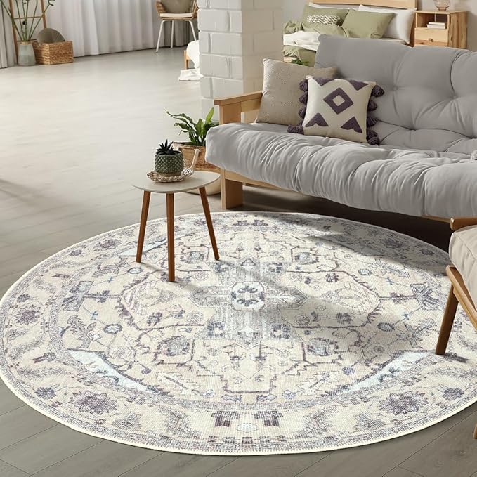 GLN Rugs Traditional Collection - Machine Washable Area Rug, Traditional Washable, Non Slip, Low Pile Chenille Rug, Living Room, Bedroom, Kitchen Rug (5'3" Round Cream/Gray)