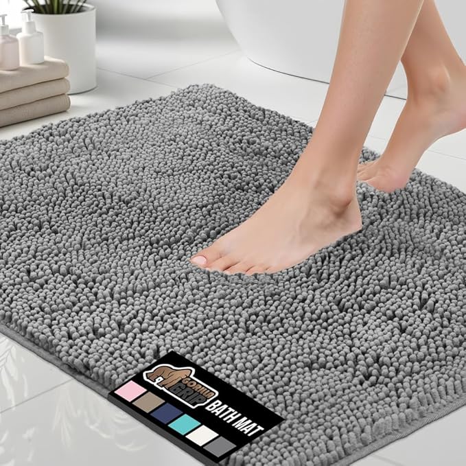 GORILLA GRIP Bath Rug Mat 36x24, Thick Soft Absorbent Chenille, Quick Dry Microfiber Mats, Rubber Backing Washable Shower Floor Rugs, Bathmat Runner, US Designed Bathroom Home Decor Accessories Grey