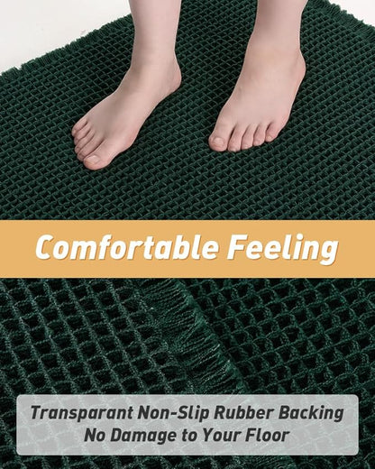 Upgraded Waffle Runner Rug, Super Absorbent Non Slip Bath Mats for Bathroom Floor Machine Washable Bathroom Runner Rug with Tassels Ideal for Hallway Bedroom Laundry Room, Dark Green, 2'x5'(24" x 60")
