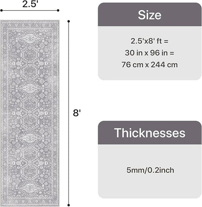 Bavni Washable Runner Rug 2’6”x8’, Non Slip Vintage Hallway Runner, Ultra Thin Low Pile Washable Carpet for Kitchen Entryway Bedroom, Grey