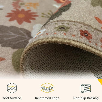 Floral 8x10 Area Rug Machine Washable Soft Print Boho Carpet Non Slip Doormat Low Pile Flower Area Rugs for Living Room Bedroom Nursery Kitchen Dining Room Indoor-Brown/Brick