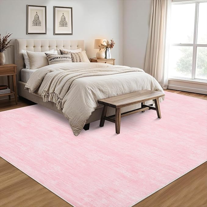 Living Room Area Rug 9x12 Machine Washable Rug Non-Slip Stain Resistant Modern Abstract Bedroom Rug Contemporary Throw Floor Carpet for Dining Room Solid Area Rug for Home Office, Pink